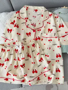 Spring Summer Sweet Cherry Bow Pajama Set, Women's Short Sleeve Shorts Two-Piece Set, Cute Home Wear, Loose-Fitting, All Seasons