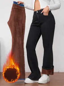 Women's Fleece Lined Thick Denim Flare Pants, Elegant Fall & Winter Fashion, Warm Woven Fabric, Plain Pattern, Versatile Style