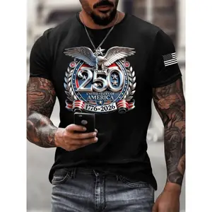 Men's USA 250th Anniversary Eagle Print T-Shirt - Commemorative Short Sleeve Round Neck Casual & Athletic Wear, Machine Washable Polyester Suitable for Gym, Training, Everyday Casual Outfits with -Themed