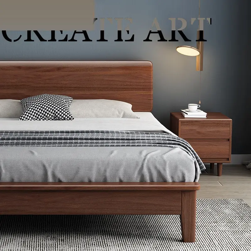 Modern‑American Solid Wood Bed, Walnut‑Color Master Bedroom Bed, 1.2‑1.8×2m Double Bed for Rental House