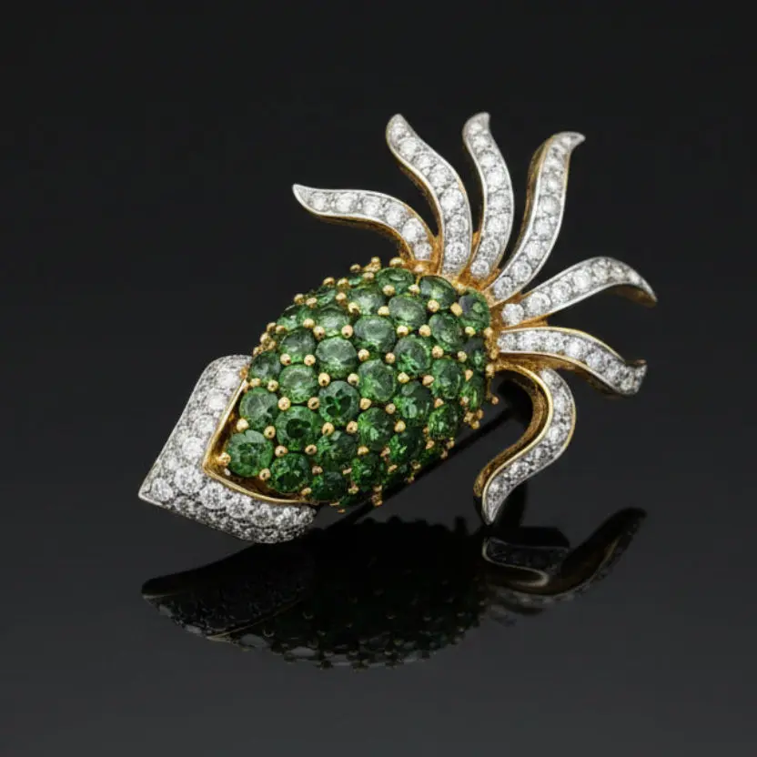 "The Squid" Tsavorite and Diamond 18K Yellow Gold Brooch