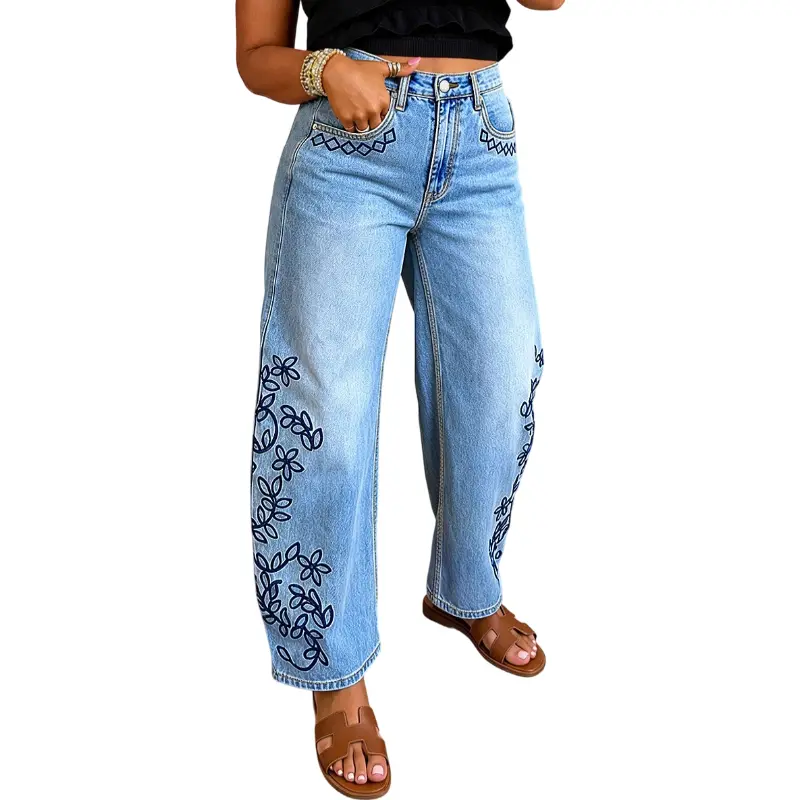 Flamingals Wash Plant Embroidery Mid Waist Barrel Leg Jeans Stretchy 27'' Inseam
