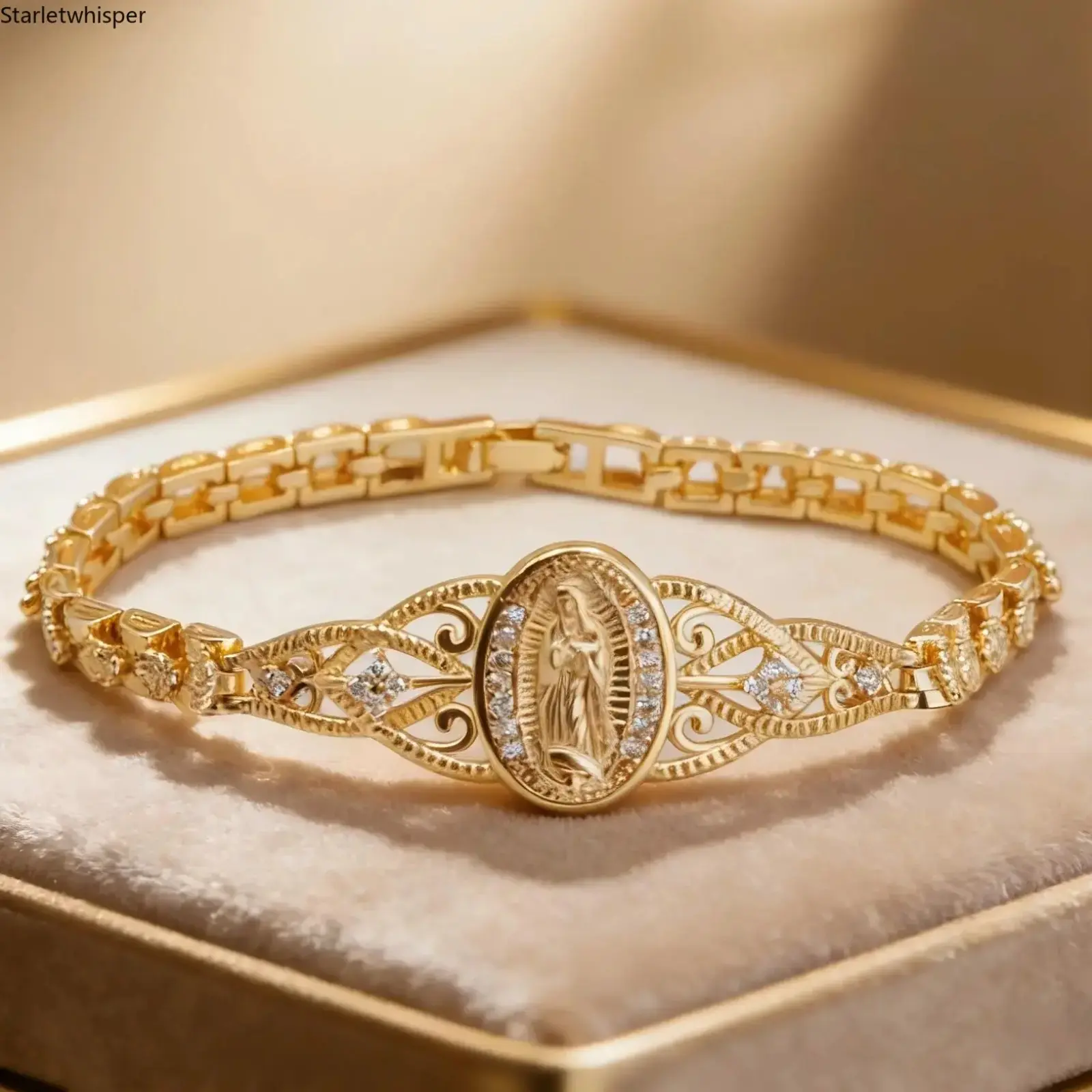 14K Gold Plated Our Lady of Guadalupe Bracelet for Women, Vintage Filigree Chain with Crystal Embellishment, Elegant Catholic Religious Jewelry, Ideal for Prayer, Daily Wear and Religious Holiday Gift