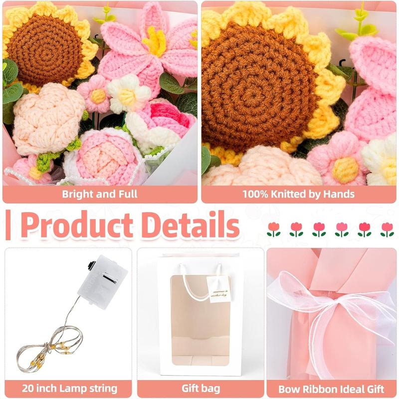 Crochet Flower Bouquet Kit 12 PCS Pink Handmade Knitted Fake Sunflower Rose Daisy for Christmas Mother's Day Birthday Wedding Home Decor Gifts