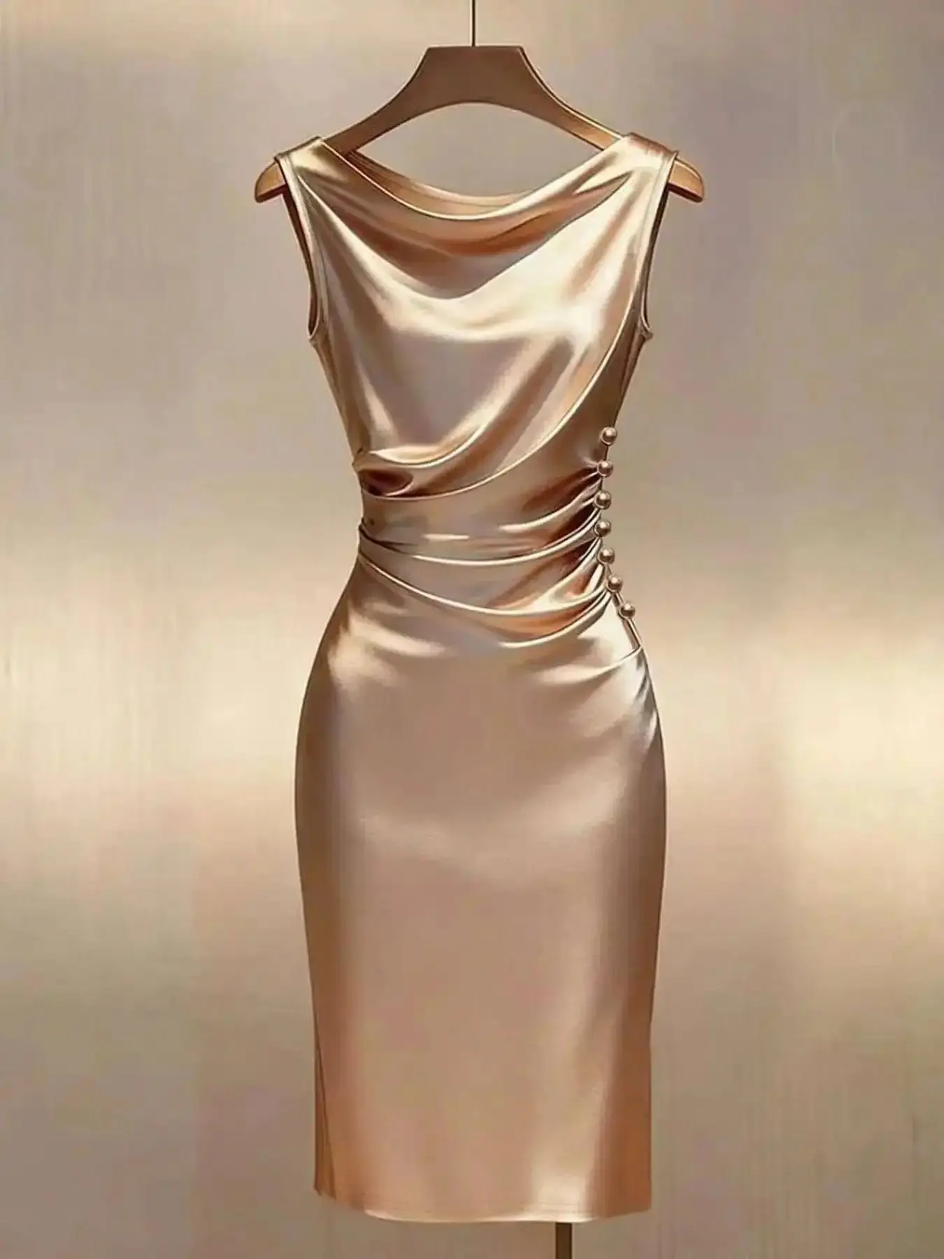 Summer Knit Satin Dress, Champagne Color Sleeveless Slim Fit Elegant Dresses for Party, Office Wear and Wedding Guest cocktail attire timeless day to night dressed up party dress