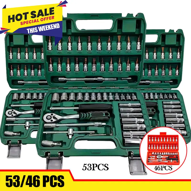 53&46 pcs tool set, car repair machinery tools, household machinery tools, car and bicycle repair tools, 1/2 * 1/4 "3/8" drive depth and standard sock