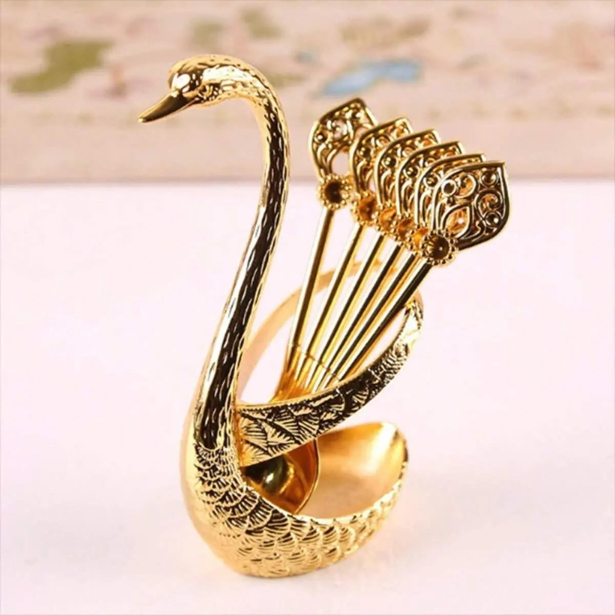 6-Piece Stainless Steel Coffee Stirring Spoon Set with Swan Base - Creative Golden Design Tea Spoons for Kitchen Utensils & Tableware Cutlery, Tea Spoon
