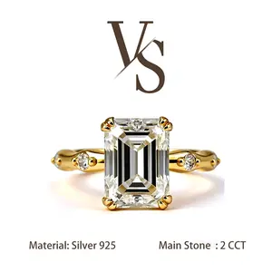[Venus Jewelry] Synthetic Mossianite 2 CCT Emerald Cut Bamboo Design VVS1 D Color Solid Silver 925 Ring