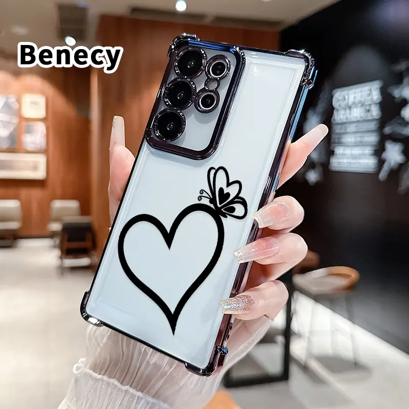 Transparent Silicone Slim Fit Galaxy Series Phone Case - 4 Butterflies on Heart Pattern, Corner Anti-Drop, Shockproof, Antislip Grip, Sweat-Resistant Hold, Durable for Daily Carry, for Samsung Galaxy S26 Ultra, S24 Plus, S25, S22+, FE Edge Devices