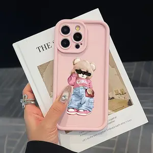 Cute Bear Pattern Shockproof Protective Phone Case for iPhone 15 Series, Simple Design Mobile Cover Accessories Gift for Family & Girlfriend