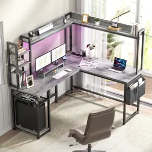 Reversible L-Shaped Computer Desk with Power Outlets & LED Lights, Corner Home Office Gaming Desk with Monitor Stand & Full Hitch Storage Shelves