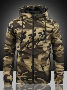 Men's Camo Print Drawstring Zip Up Hooded Jacket, Long Sleeve Waterproof Windproof Activewear Outerwear for Outdoor Daily Wear, Fashion Men's Clothes, Coats