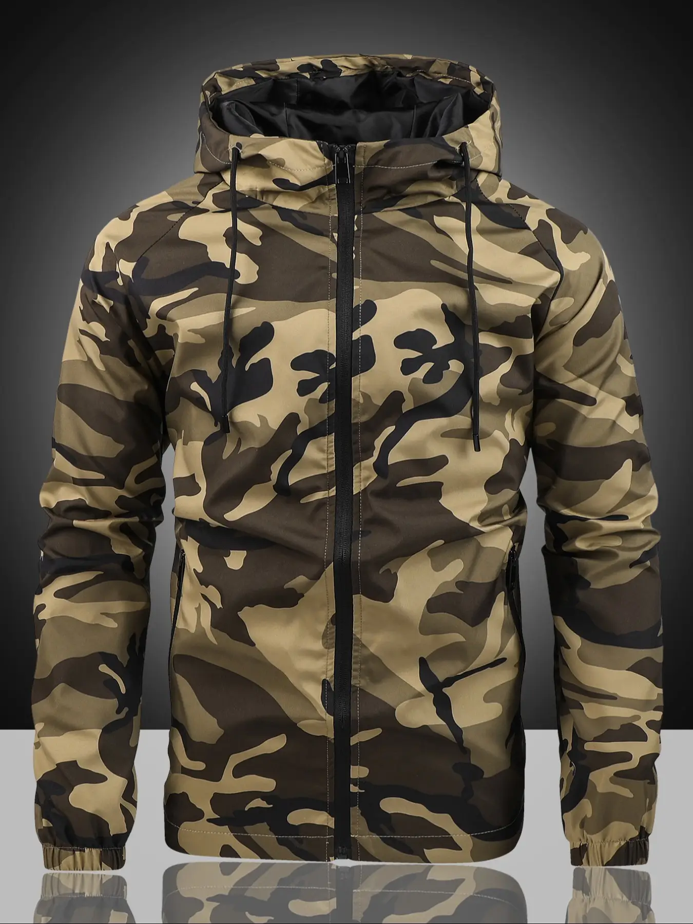 Men's Camo Print Drawstring Zip Up Hooded Jacket, Long Sleeve Waterproof Windproof Outerwear For Outdoor Daily Wear, Fashion Men's Clothes