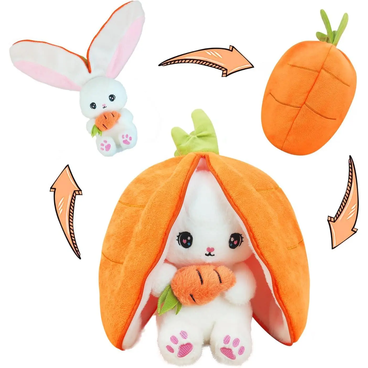 Bunny Stuffed Animal Reversible Cuddle Bunny Stuffed Pillow,Strawberry Bunny Transformed Rabbit Plush Zipper,Cute Kawaii Rabbit Toys Pillow Decoration for Kids (Carrot)