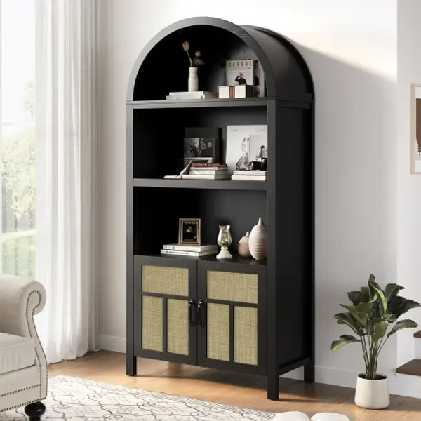 Bellemave 70x30.7x15.75" Arch Shape Modern Rattan Weave Storage Cabinet with Doors, Boho Sideboard Buffet with Adjustable Shelves & Natural Gaps, Tall Pantry for Kitchen, Dining Room, Requires Assembly