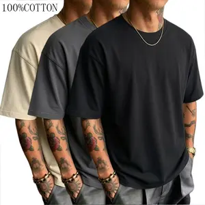 Men's 3-Pack 100% Cotton Basic Ribbed Oversized Vintage Loose Short-Sleeve Round Neck T-Shirts - Streetwear Casual Summer Tops for Day Wear, Grey/Black Fabric Tshirt