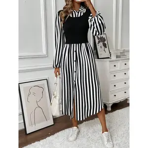 Illusion two-piece set featuring a fashionable striped long-sleeve dress with striped patchwork design, an A-line skirt with a collar, suitable for spring, autumn, and winter; perfect for dates, travel, parties, and indoor occasions—stylish and beautiful.