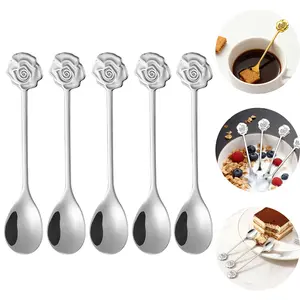 Creative Cherry Blossom & Rose Pattern Coffee Spoons, 5-Piece Premium Stainless Steel Tea Spoon Set, Ideal for Daily Coffee Use and Party Tableware Decoration, Perfect Gift Choice