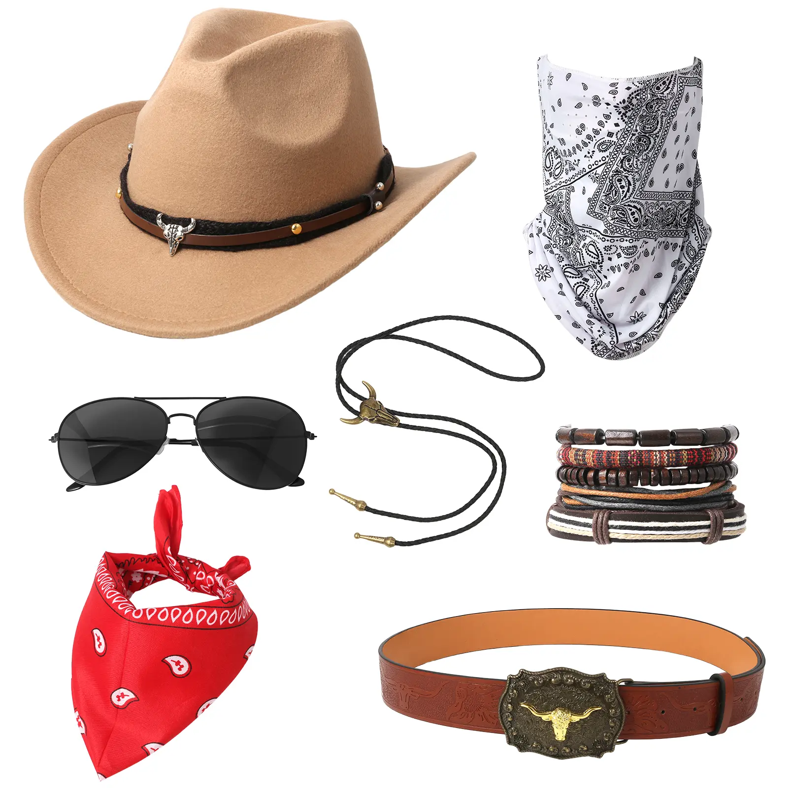 OIDEA Cowboy Costume Set, 7-Piece Western Outfit for Unisex Adults with Polyester Hat & Faux-Leather Belt for Halloween, Cosplay & Parties, Clothes, Adjustable Belt, Black-And-Silver, Bandana, Holiday, Retro, Durable Construction, Casual, Stretch-Fit, Cow
