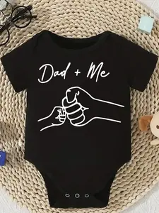 Cute Baby Bodysuit With Dad Plus Me Hand Holding Print Soft Versatile Round Neck Button Detail Regular Fit All Seasons Knitted Fabric Onesie Baby Clothing Baby Boy Clothes