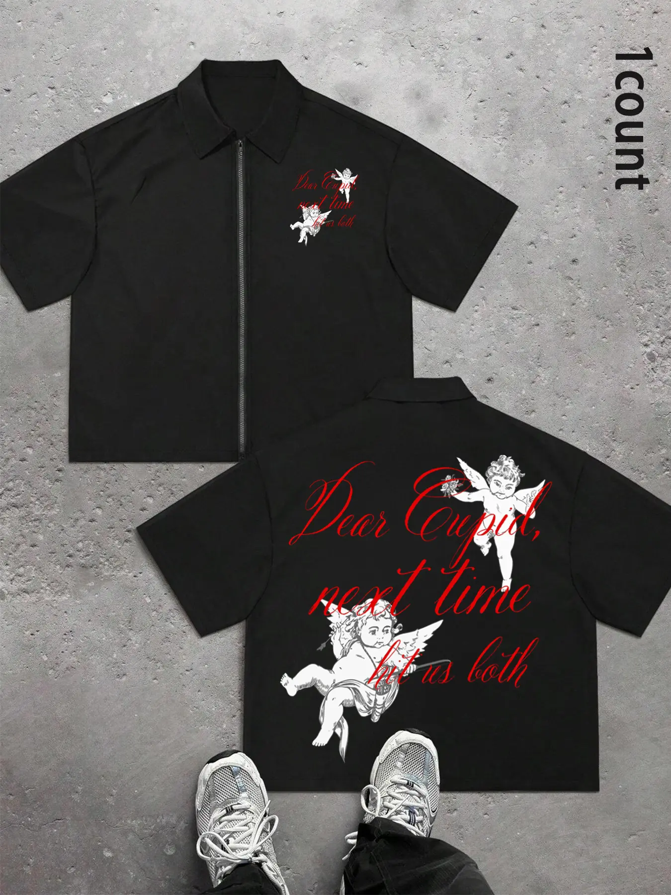 Unisex design, street style, Little Angel Graphic print zipper short-sleeved shirt, suitable for streetwear, can be worn throughout the seasons. Casual and relaxed fit, designed with a neutral aesthetic, suitable for all seasons. A gift for men