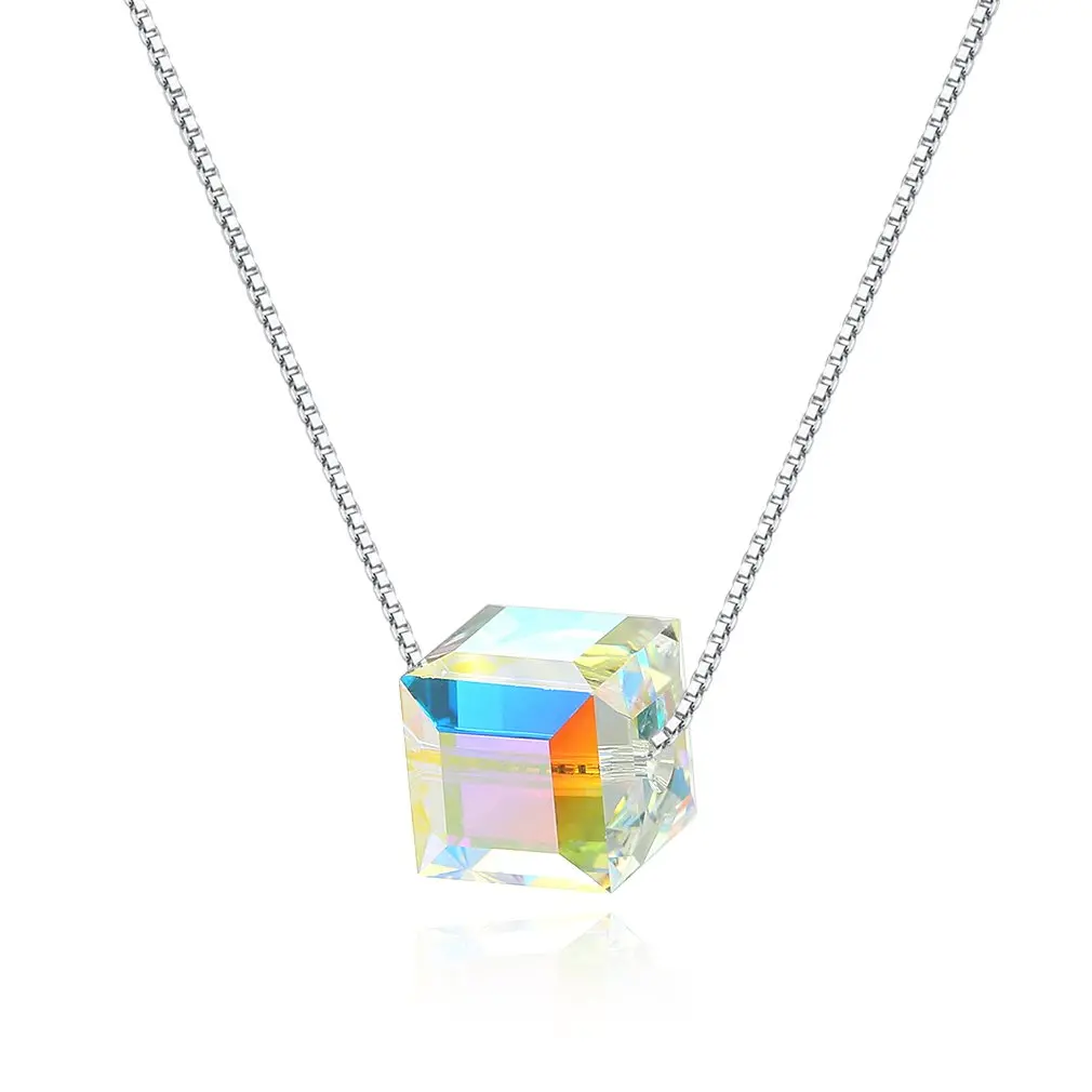 Silver Cube Cubic Candy Square Aurora Borealis Necklace Crystals Cube Pendant for Women Unique Jewelry withChristmas Valentines Mothers Day for Her