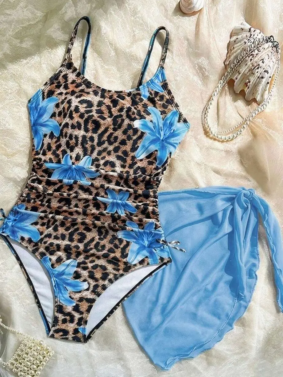 Teen Girls One-Piece Swimsuit with Cover-Up Skirt - Ditsy Floral Print for Kids Vacation