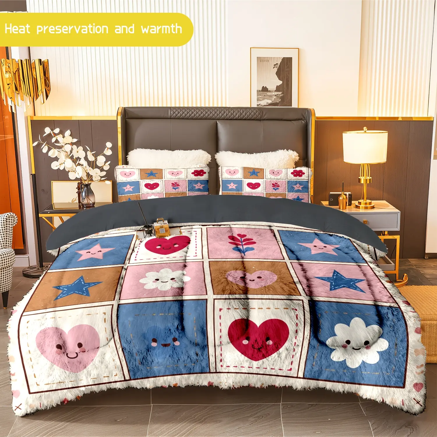 3pcs (1 comforter + 2 pillowcases) Flannel & Milk Velvet Comforter Set, Soft Warm Bedding Set for Adults, Cozy Quilt Set with Heart Star Flower Patterns, Trendy Bedding Essentials