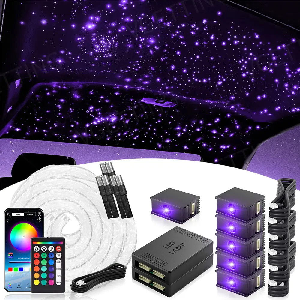 Compact Separate Light Heads Starlight Headliner Kit 300-1200 Strands 0.5mm Fiber Optic, Soft Glow Not Glaring Car Roof Ceiling Lights, Clean & Easy Wiring, RGBW APP Remote 16W 2 Year Warranty