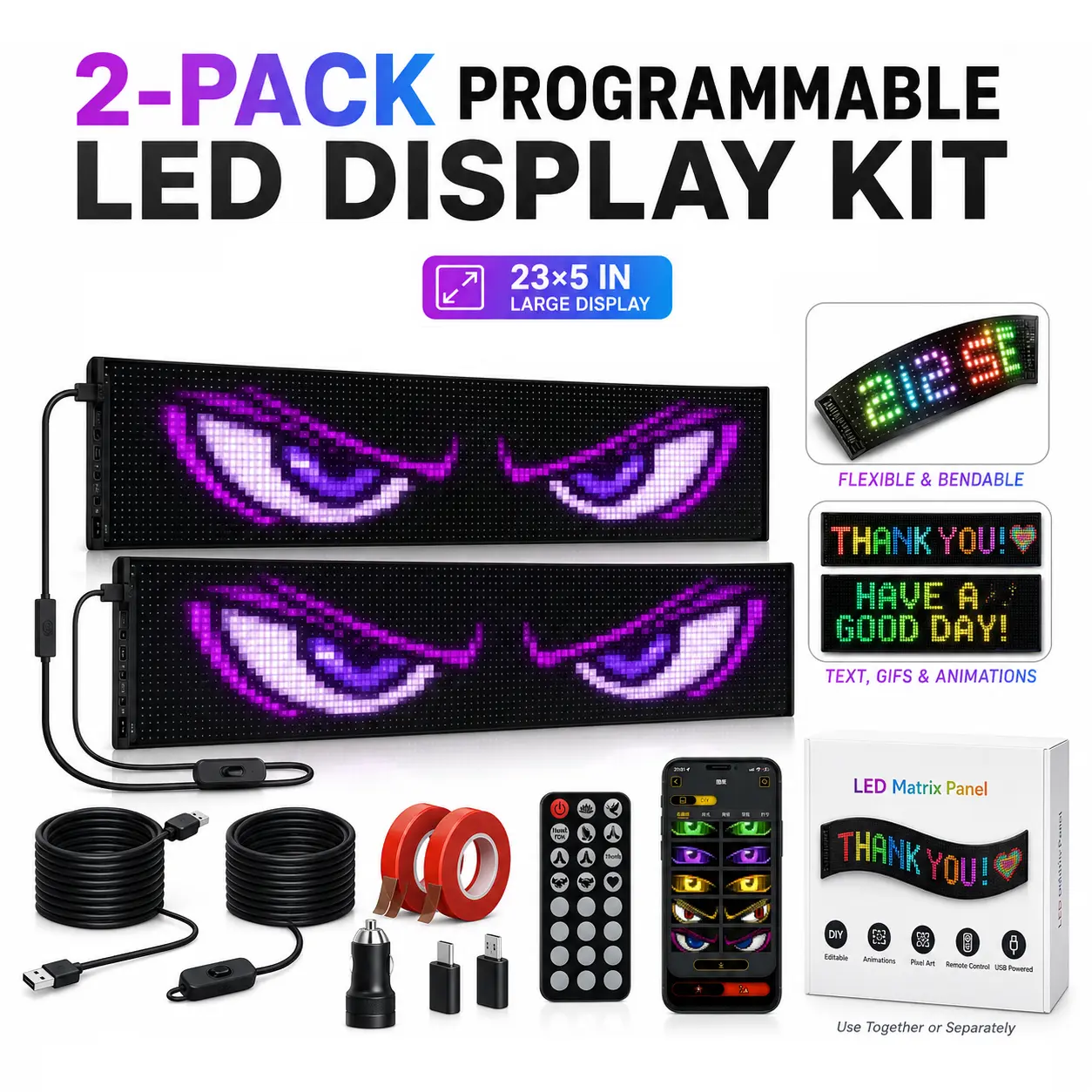 2-Pack Programmable Flexible LED Signs for Car Rear Window, APP & Remote Control RGB Scrolling Message Display, USB Powered DIY Pixel Art Screen for Vehicles, Shops, Parties & Gaming Rooms