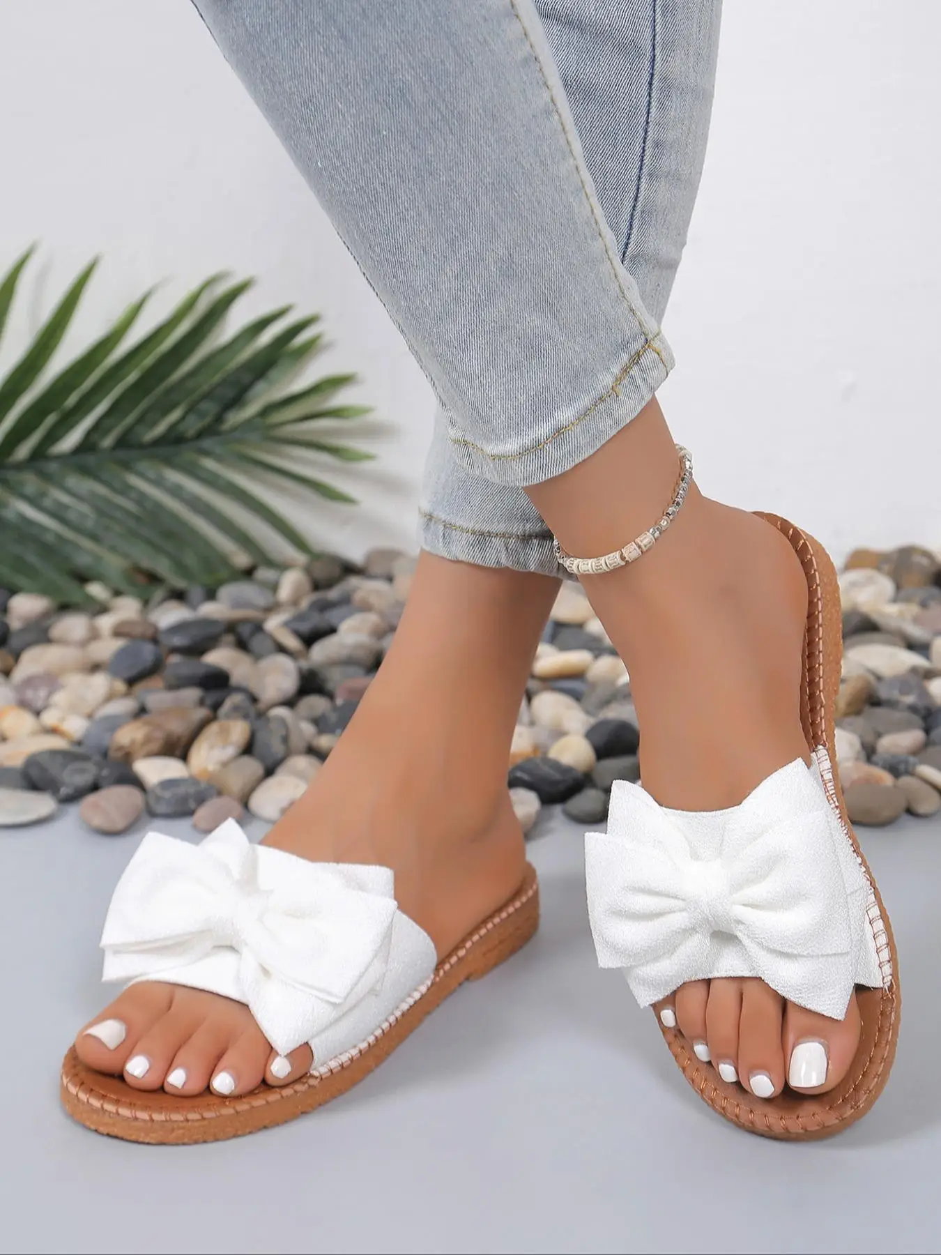 Women's Bow Decor Slip on Flat Sandals, Casual Comfortable Open Toe Sandals for Summer, Boho Style Women's Shoes for Beach Back To School