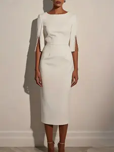 A women's camel-colored, mid-sleeve, boat-neck, figure-hugging, mid-length, slit-spliced pearl-decorated dress, Elegant formal wear, suitable for summer and formal occasions like evening parties, business banquets, or weddings