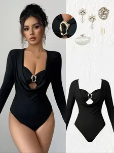 Women's Fall Winter Unique Design Two-Piece Top with Chest Decoration, Fashionable Long Sleeve Underwear, Stylish Outer Wear Jumpsuit Bodysuits