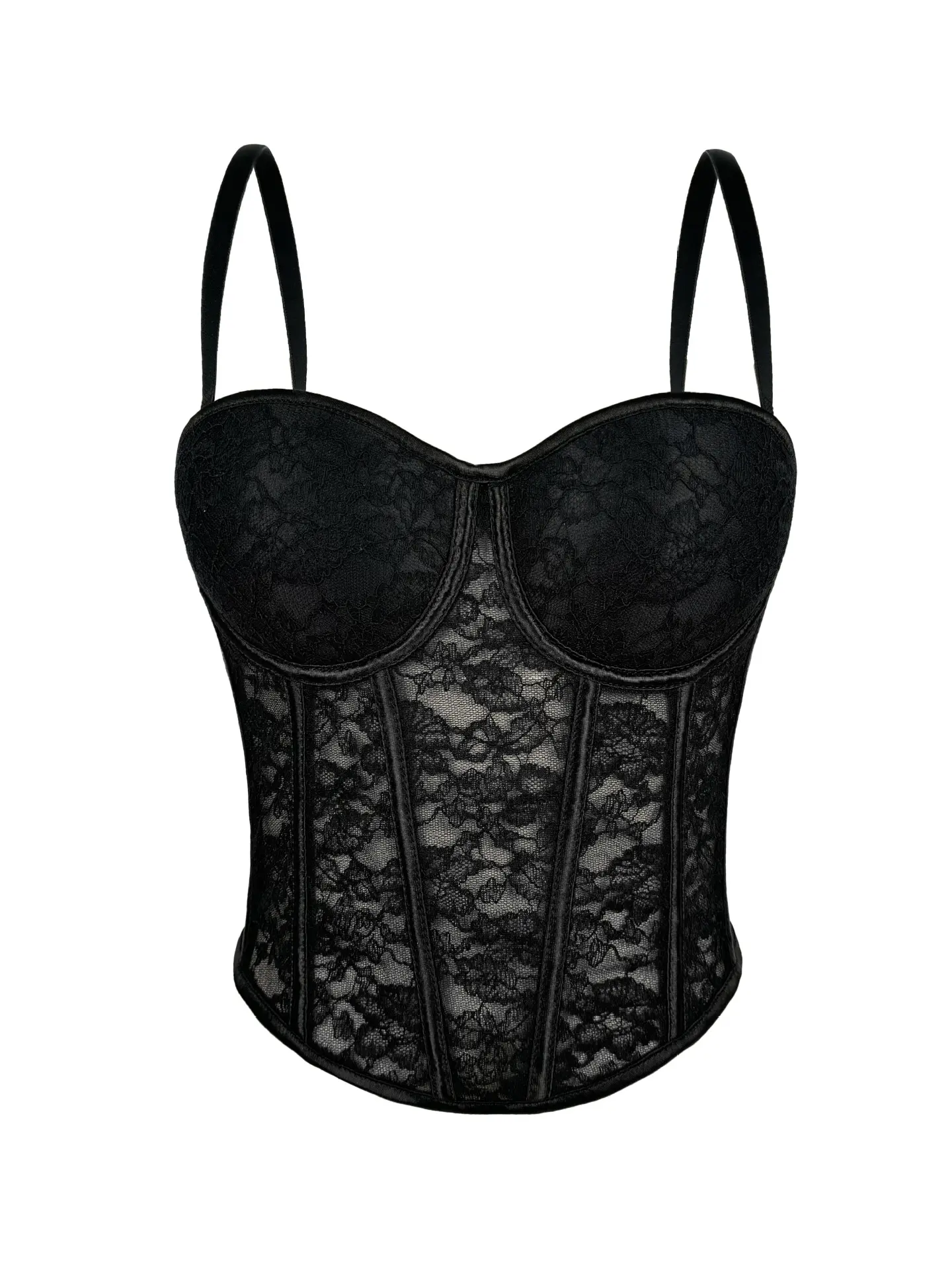 French Lace Sheer Mesh Corset Top - Boned Bustier with Padded Push-Up for Shapewear & Outerwear