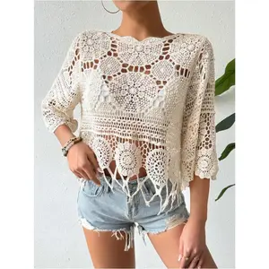 Women Crochet Lace Knit Cover Up Top for Beach Vacation Bikini Outerwear Lightweight Breathable Summer Casual Flowy Shirt with Tassels Soft Skin Friendly Loose Fit