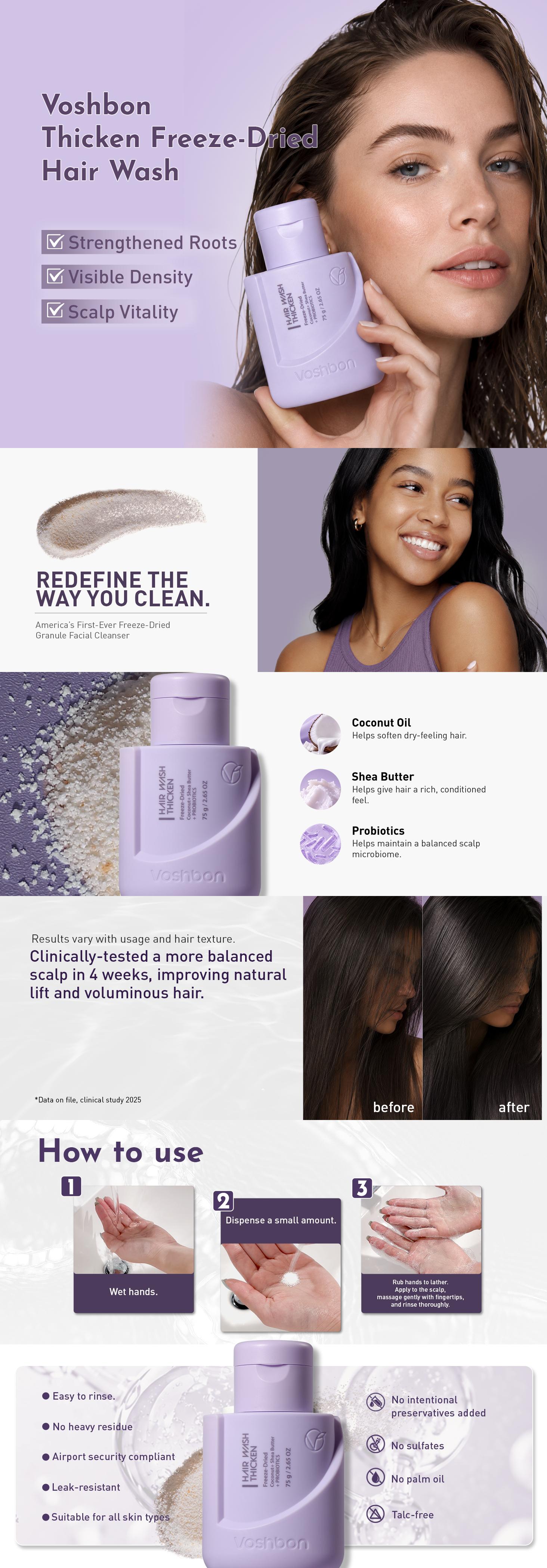 VOSHBON Thicken Freeze-Dried Hair Wash | Volume Boost Shampoo for Fine Hair | Travel Essentials TSA Approved | Probiotic Scalp Care & Hair Growth