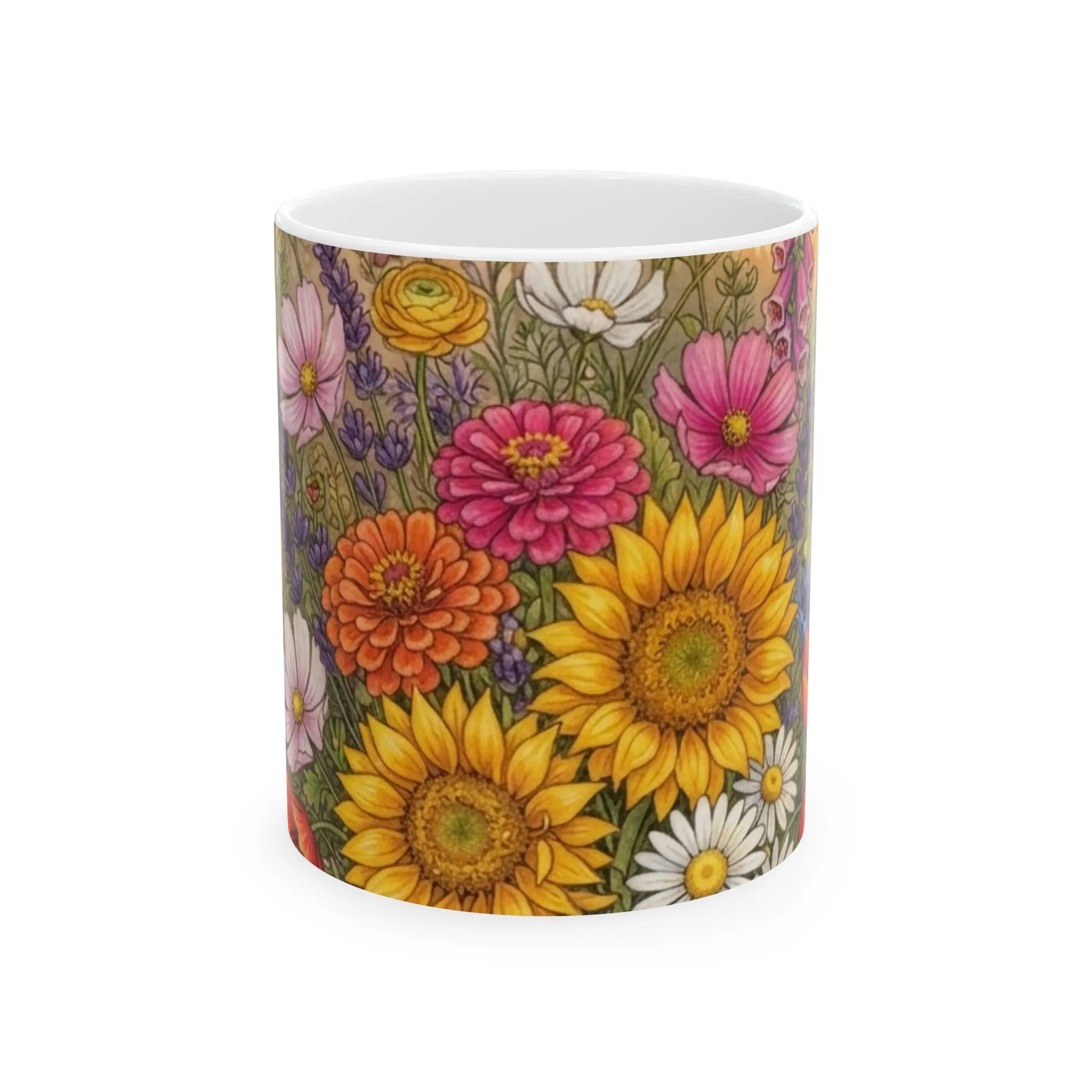 Vintage Wildflower Bouquet Mug | Sunflower Zinnia Daisy Floral Ceramic