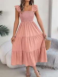 Summer Square Neck Backless Casual Dress, Sleeveless Long Loose-Fitting Floral Shirred Design, Midi Strapless Tiered Skirt, Casual Wear