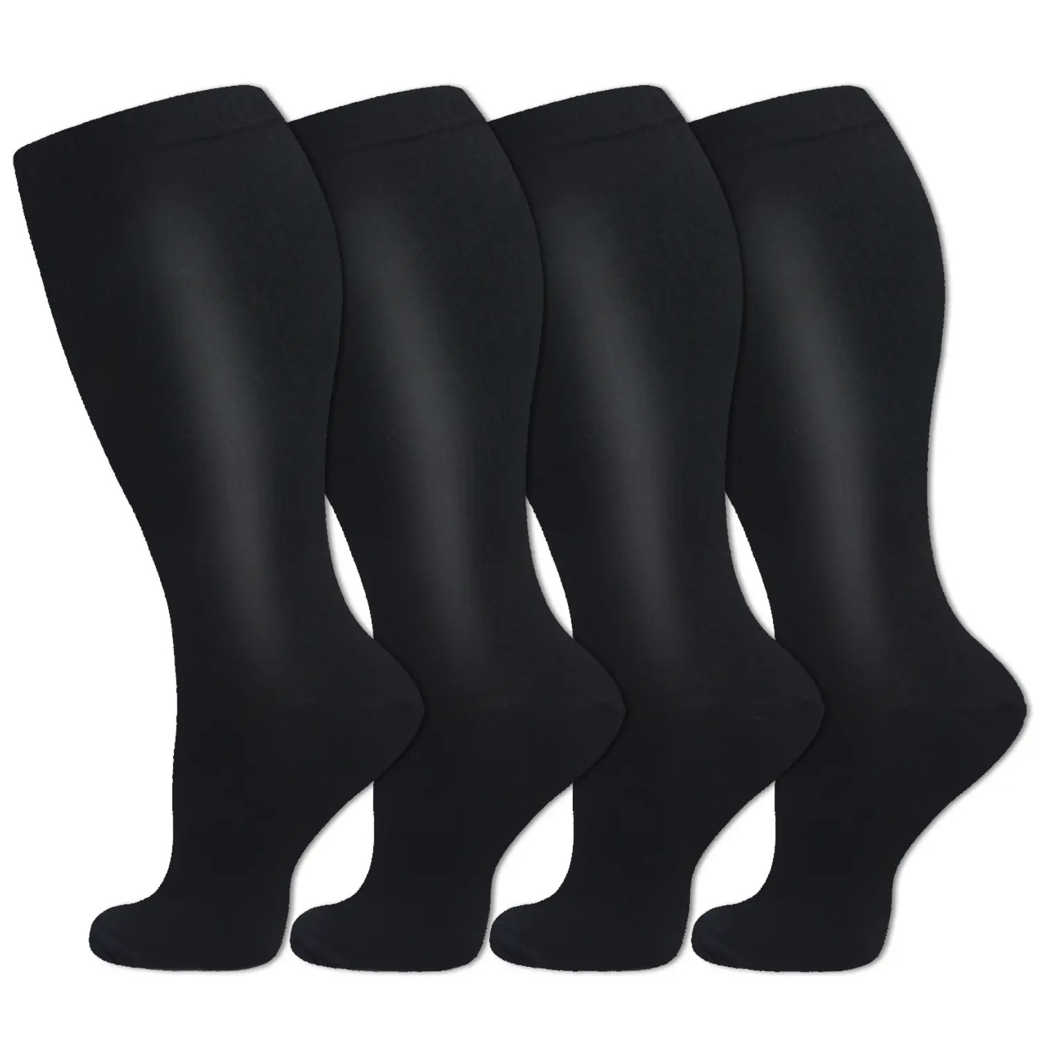 Plus Size Knee High Compression Socks for Women & Men (4 pairs) , 15-20mmHg Graduated Compression, Comfortable Fit for Work, Travel & Everyday Wear