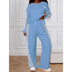 Sports & Outdoors Women's 2 Piece Tracksuits Lounge Set Striped Wide Leg Pants Basic Shirts Casual Outfits