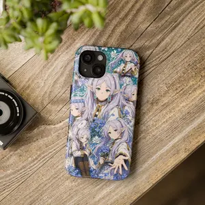 Frieren Beyond Journey's End Anime Character Collage Phone Case - Durable Shockproof Silicon-Polycarbonate Rubber Shell, Wireless-Ready Protection for iPhone, Galaxy; Elven Mage Blue Flower Cover for Fantasy Manga Fans