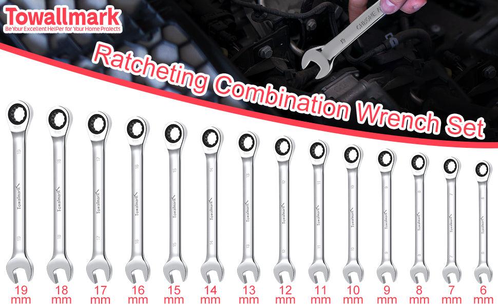 GARVEE 14 Pieces Ratcheting Wrench Set with Fixed Head Combination Wrenches, Metric 6-19mm, Chrome Vanadium Steel, Storage Bag Included