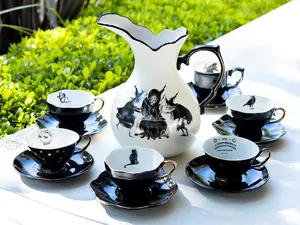 Halloween Pitcher Set, Potter's Studio Witches Brew and Raven Jack-o'-lantern Pitcher + Grace Teaware 6 Assorted Halloween Tea Cup and Saucer Sets, Cat, Crow, Snake, Flying Witch, Evil Eye, Ouija Board