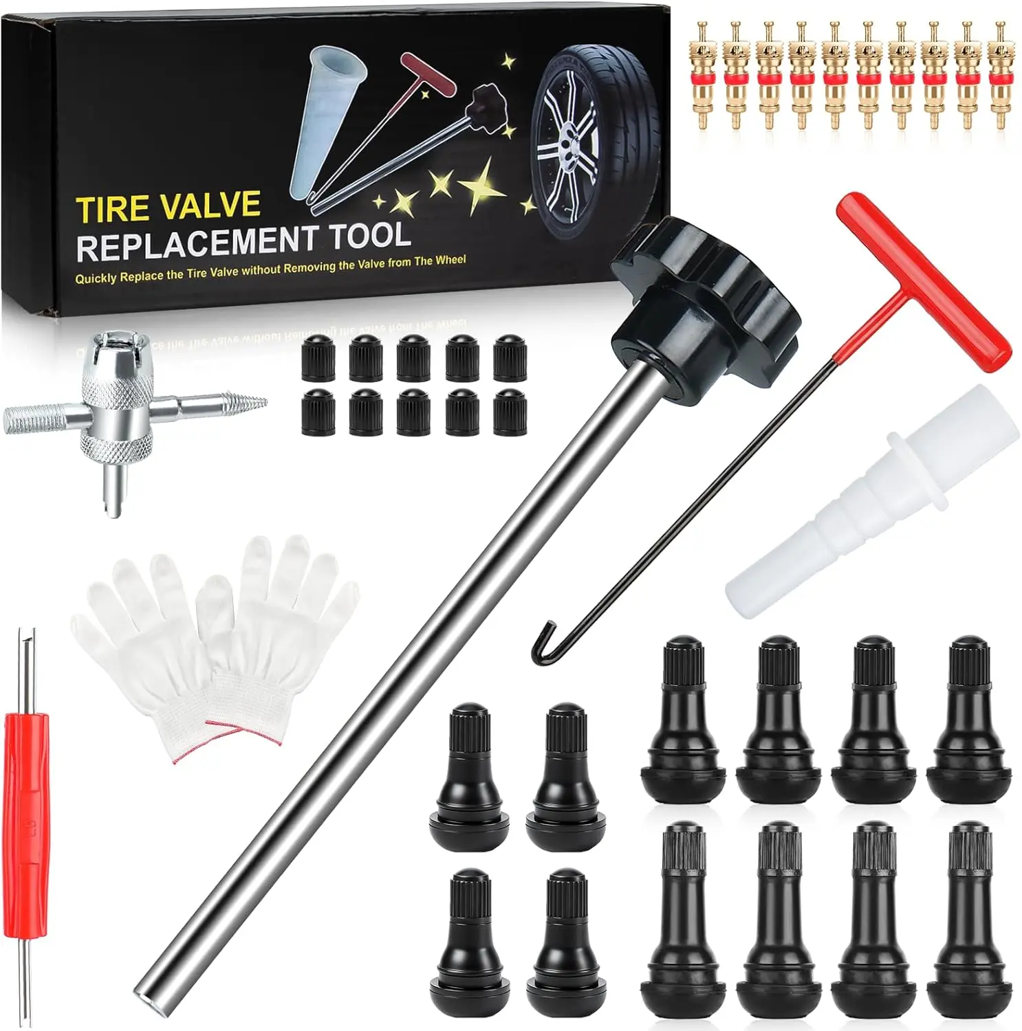 38Pcs Quick Change Tire Valve Stem Core Tool Kit, TR412 TR413 TR414 Valve Replacement Tools, 8-Way Valve Tool Set for Car, ATV, Truck, Lawn Mower & Small Trailer, Fix Leaky Tire Valves