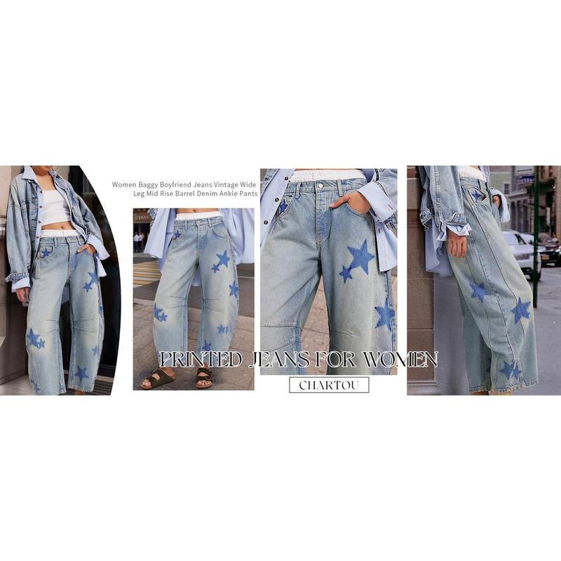 Barrel Jeans Women Wide Leg Baggy Distressed Printed Boyfriend Horseshoe Denim Pants