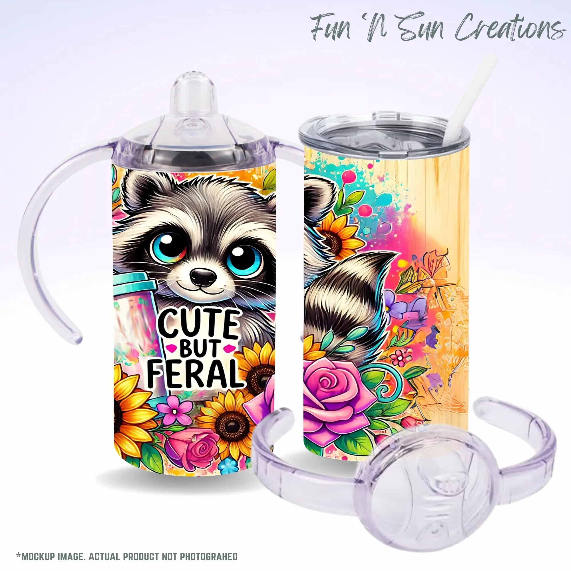 Cute But Feral Kids Tumbler – 12oz Stainless Steel Cup with Sippy Lid & Straw – Raccoon Floral Design for Toddlers Drinkware