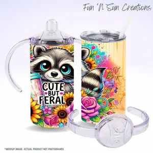Cute But Feral Kids Tumbler – 12oz Stainless Steel Cup with Sippy Lid & Straw – Raccoon Floral Design for Toddlers Drinkware
