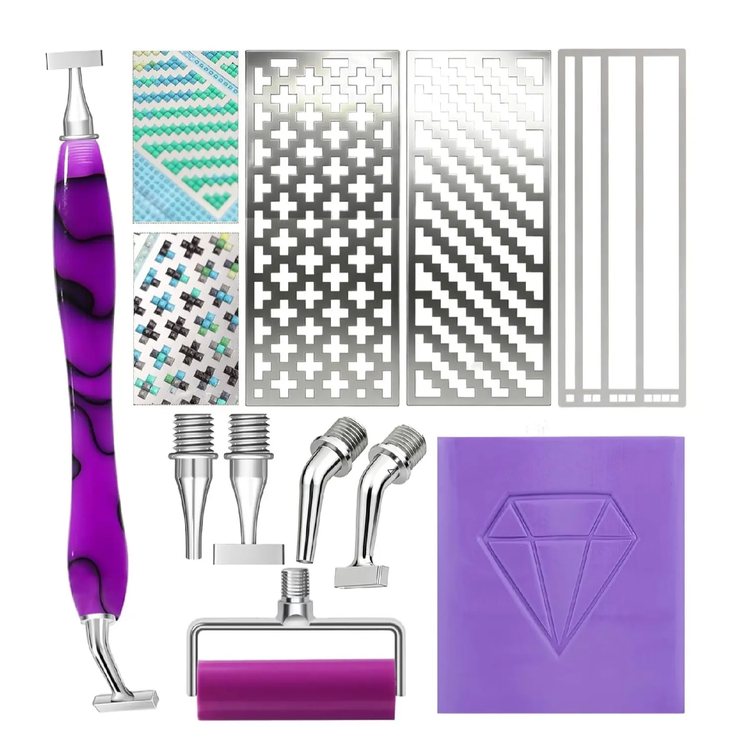 DIY Diamond Painting Brush Tool Kit, Includes 1 Straight, 4 Bent Tips, 4 Angled Multi-Function Tips, Stainless Steel Ruler, Clay Adhesive Pieces