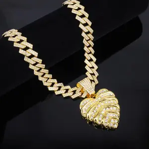 Full Diamond Flower Heart Alloy Pendant Hip Hop Necklace Fashion Design Personality Necklace For Men Women