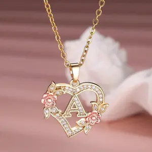 Fashion Flower & Heart Design Initial Pendant Necklace for Women for Gift, Rhinestone Decor Necklace, Girl's Gift Accessory for Daily Use Party, Letter Necklace